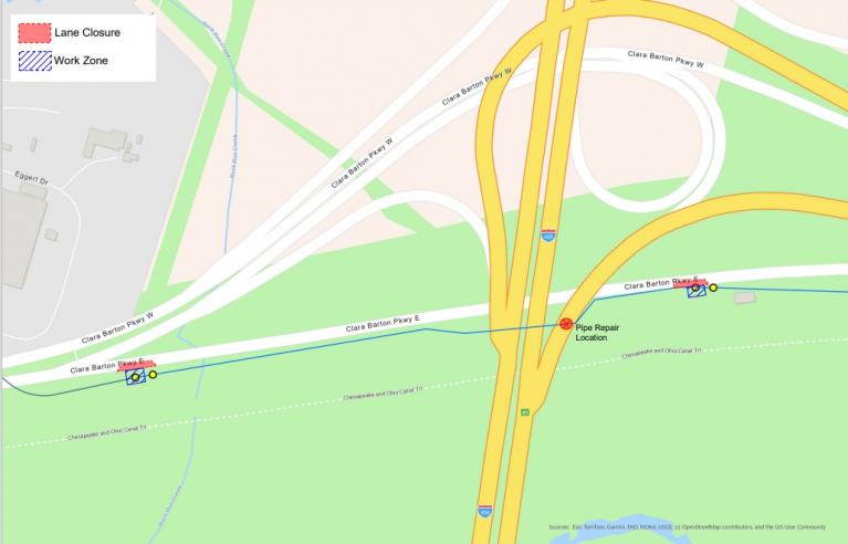 Map of Clara Barton Parkway near 495 with lane closures marked and site of incident damage
