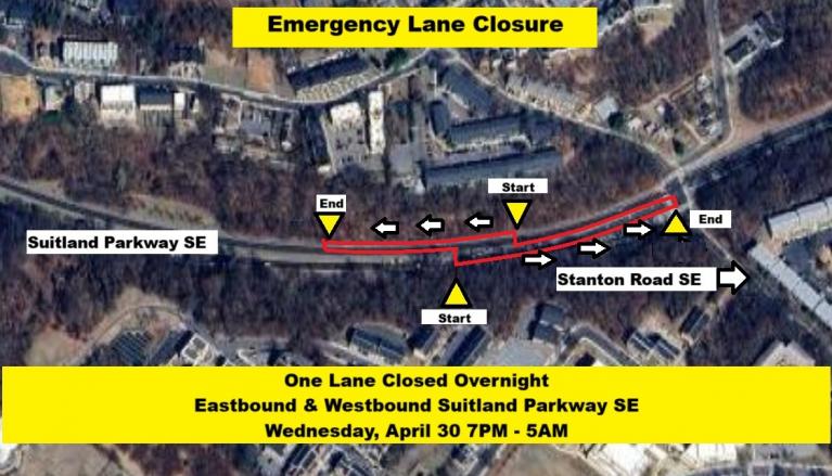 Map of emergency lane closure sutiland parkway se near Stanton Rd