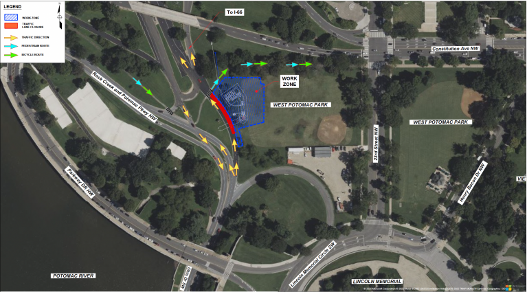 Map showing lane closure from Ohio  Drive to I-66 ramp