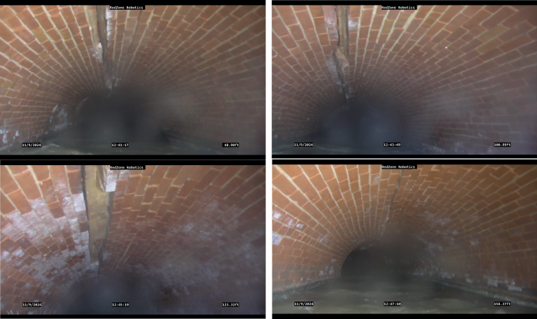Images showing the crack in the crown of the red brick sewer.