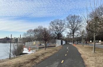 View of the construction staging area adjacent to the Rock Creek Trail.