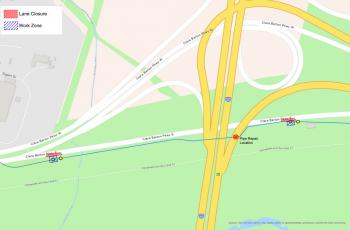 Map of Clara Barton Parkway near 495 with lane closures marked and site of incident damage