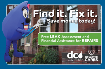 Graphic image of Wendy mascot with a wrench next to rowhouses